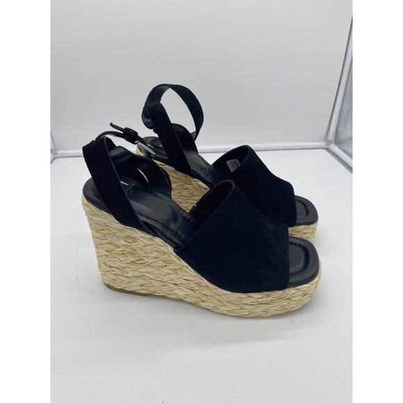 New Marc Fisher LTD Nelly Suede Espadrille Wedge Sandals Ankle Strap Black 9M - Picture 2 of 7